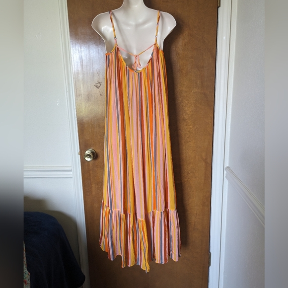 All Saints Paola Cotton Orange Yellow Pink Stripe Spaghetti Strap Midi Dress - Picture 2 of 9
